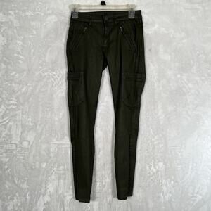 Bebe Women's Shiny Dusty Olive Pants Size 26 Zipper Pockets/Cargo Pockets Y2K